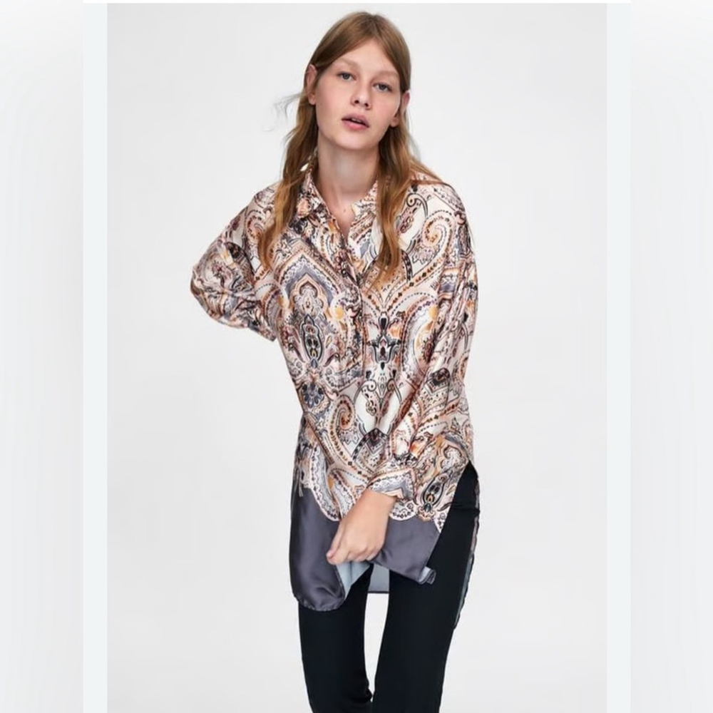 Zara Printed Tunic Long Sleeves High Low Hem Brown Cream Blouse paisley print